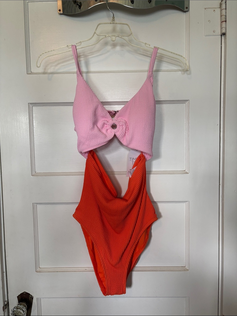 Time and Tru Colorblock Pink & Orange Textured One-Piece Swimsuit Size 16-18